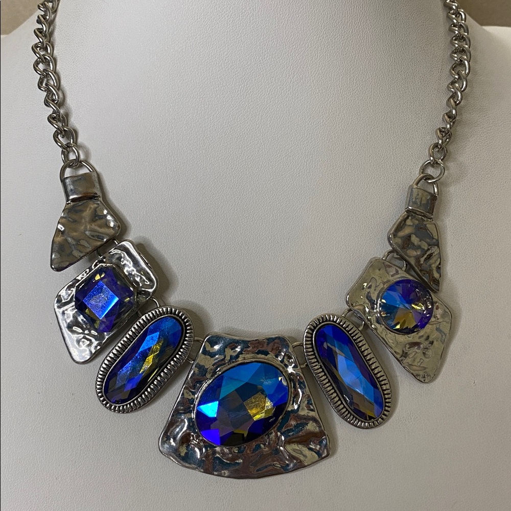 5 for $15 Silver tone hammered Necklace with Blue glass Gemstones